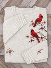 Women's Snowy Winter Red Cardinal Birds on Branches Print crew neck sweater