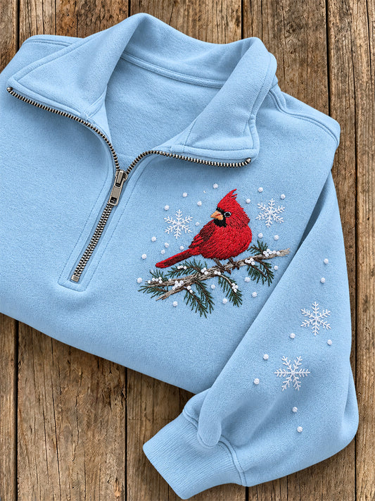 Women's Winter Cardinal Pattern Casual Half-Zip Sweatshirt