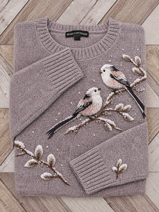 Women's Snowy Winter Long-tailed Tit Birds on Branches Print crew neck sweater