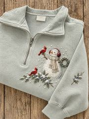 Women's Snowy Winter Snowman & Red Cardinals Print Zip Up Sweatshirt