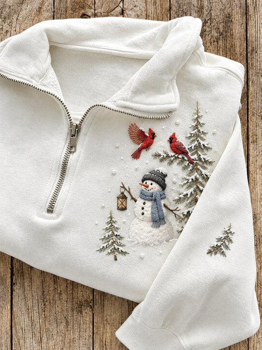 Women's Snowy Winter Snowman & Red Cardinals Print Zip Up Sweatshirt