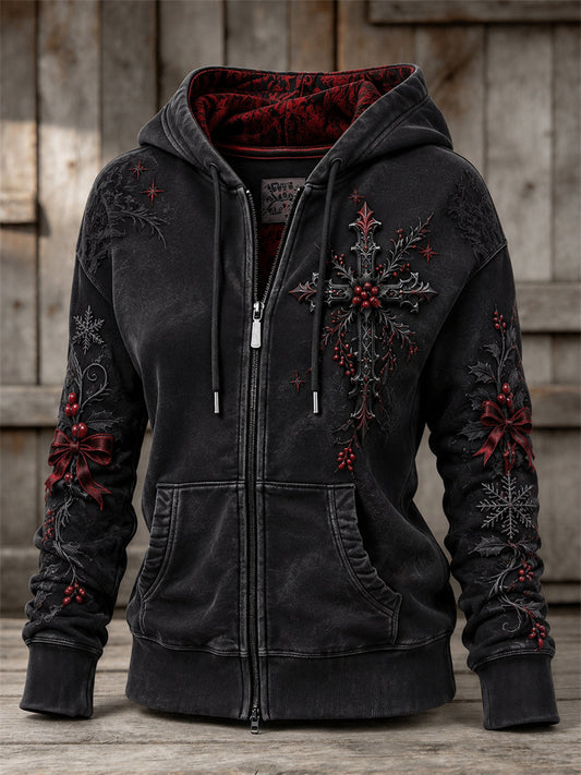 Women's Vintage Gothic Christmas Cross Print Full Zip Hoodie