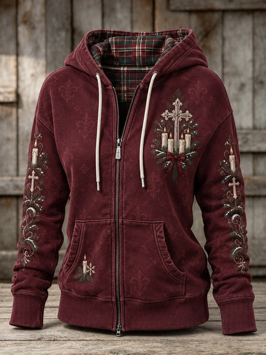 Women's Vintage Christmas Cross & Candles Print Full Zip Hoodie