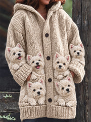 Women's Vintage Crowded Westie Dogs Print Cozy Composite Fleece Long Coat