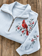 Women's Snowy Winter Red Cardinal On Branch Print Zip Up Sweatshirt