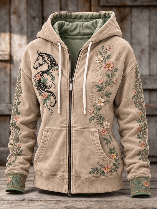 Women's Vintage Western Style Horses&Floral Art Printed Coat