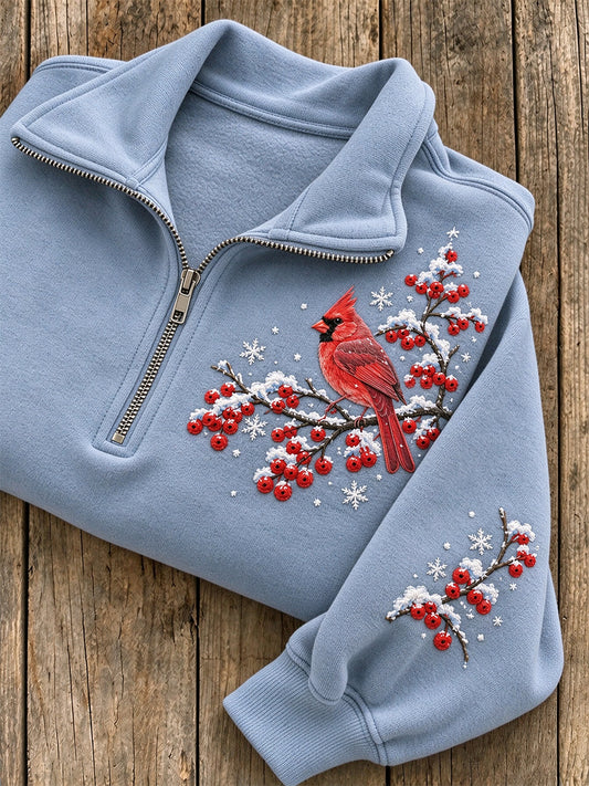 Women's Snowy Winter Red Cardinal On Branch Print Zip Up Sweatshirt