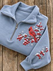 Women's Snowy Winter Red Cardinal On Branch Print Zip Up Sweatshirt