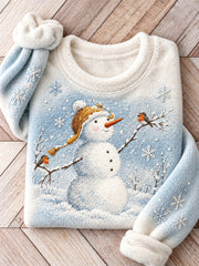 Women's Winter Snowmen And Erithacus Rubecula Pattern Causal Flannel Sweatshirt