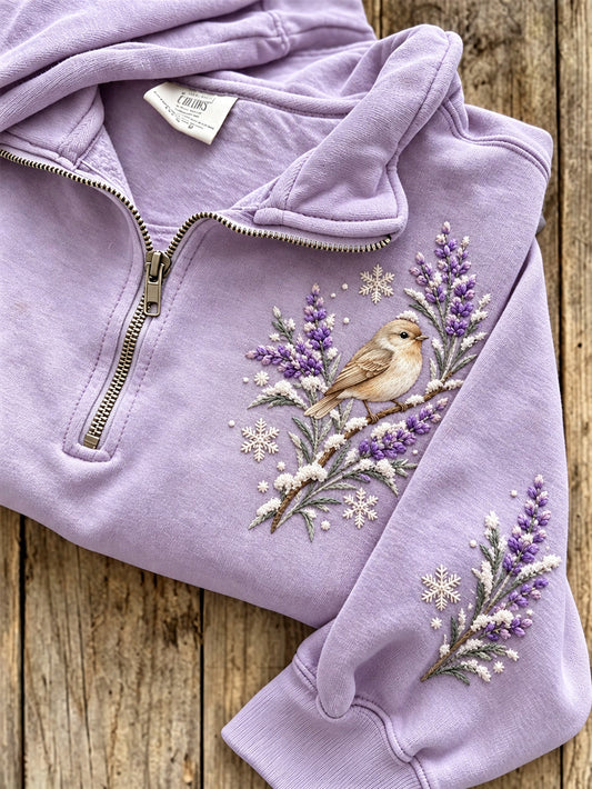 Women's Erithacus Rubecula And Lavender Pattern Casual Half-Zip Sweatshirt