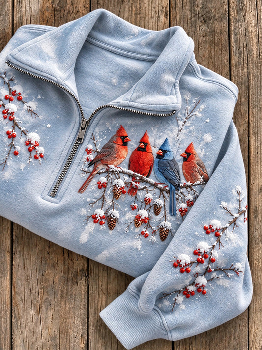 Women's Snowy Winter Red Cardinals On Branch Print Zip Up Sweatshirt