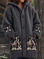 Women's Vintage Crowded French Bulldogs Print Cozy Composite Fleece Long Coat