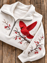 Women's Snowy Winter Red Bird On Branch Print Zip Up Sweatshirt