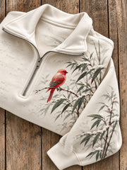 Women's Winter Red Bird on Snowy Bamboo Branch Print Zip Up Sweatshirt