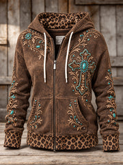 Women's Western-style Cross Pattern Leopard Print Casual Zip-Up Hoodie