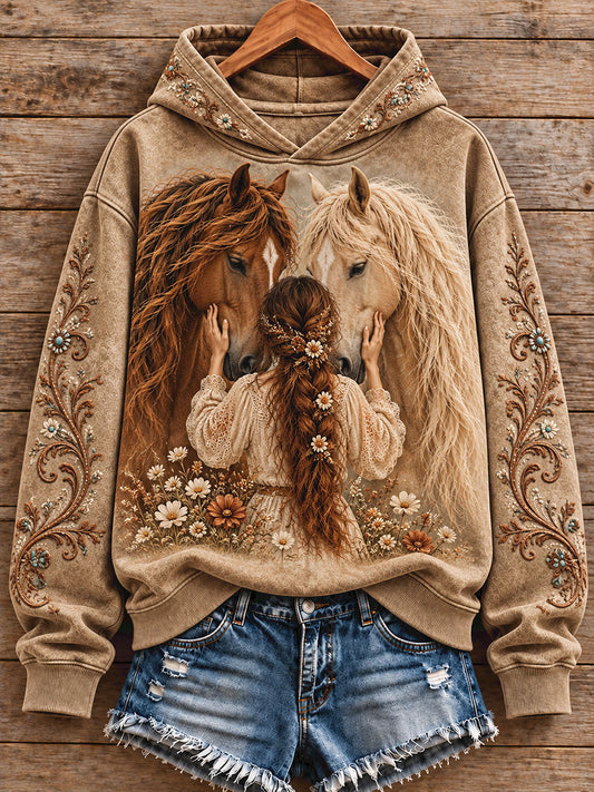 Women's Vintage Western Style Horses Lover Art Printed Sweatshirt