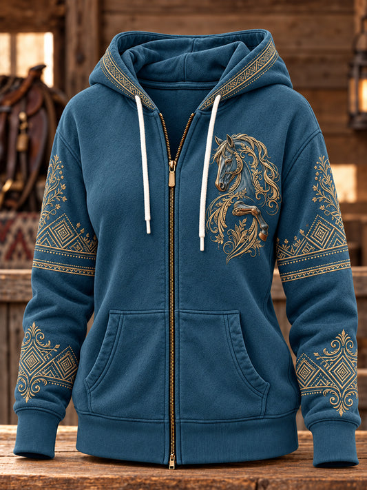 Women's Retro Western Horse Zip-Up Hoodie