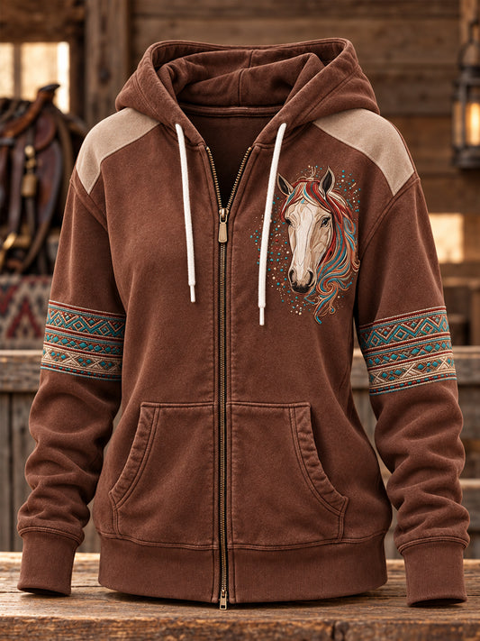 Women's Retro Western Horse Zip-Up Hoodie