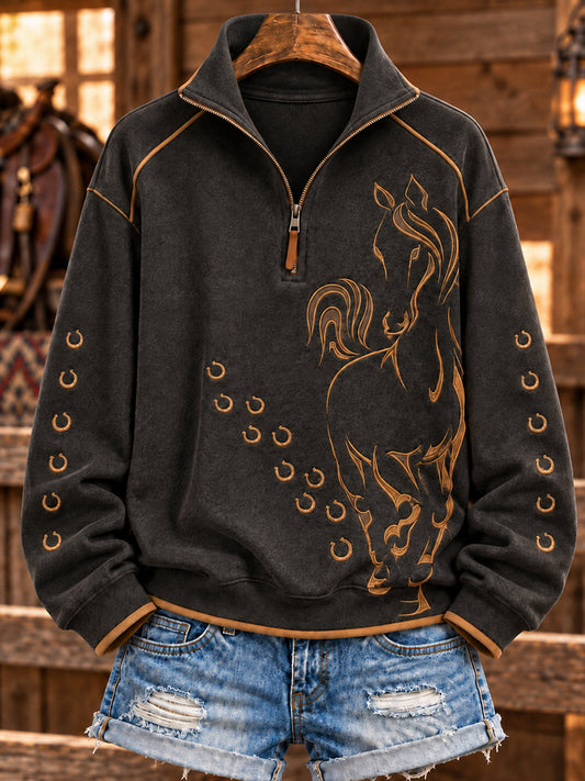 Women's Retro Western Horse Printed Zipper Hoodie