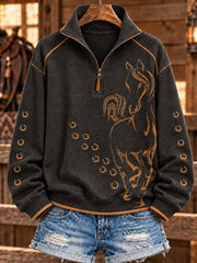 Women's Retro Western Horse Printed Zipper Hoodie