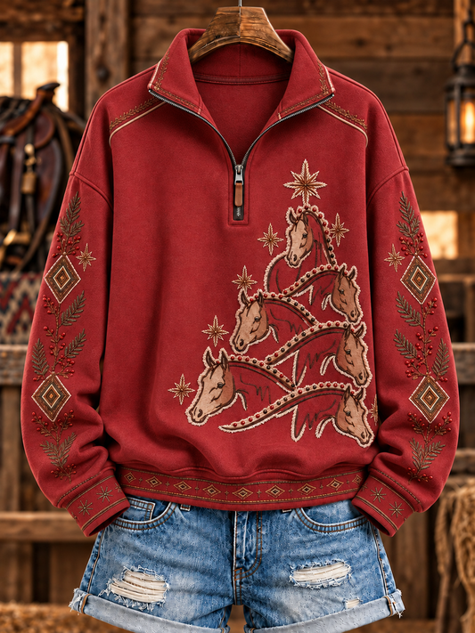 Women's Retro Western Horse Printed Zipper Hoodie