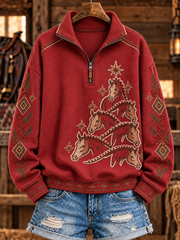 Women's Retro Western Horse Printed Zipper Hoodie