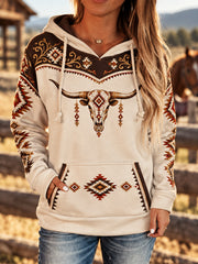 Women's Retro Western Longhorn Aztec Print Casual Hoodie