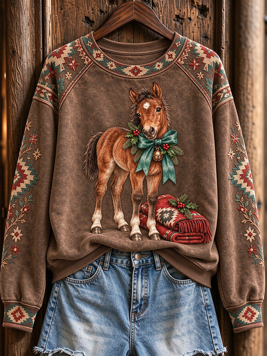 Women's Vintage Western Christmas Horse Print Raglan Sleeve Sweatshirt