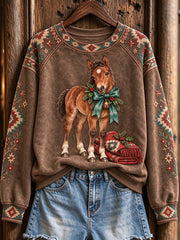 Women's Vintage Western Christmas Horse Print Raglan Sleeve Sweatshirt