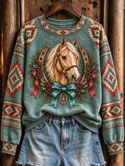 Women's Vintage Western Christmas Horse Print Raglan Sleeve Sweatshirt