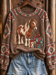Women's Vintage Western Christmas Horse Print Raglan Sleeve Sweatshirt