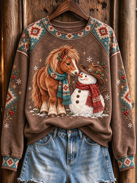 Women's Vintage Western Christmas Horse Print Raglan Sleeve Sweatshirt