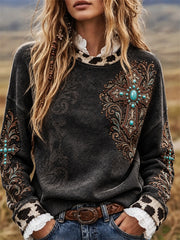 Women's Vintage Turquoise Christian Cross Western Cowhide Print Sweatshirt