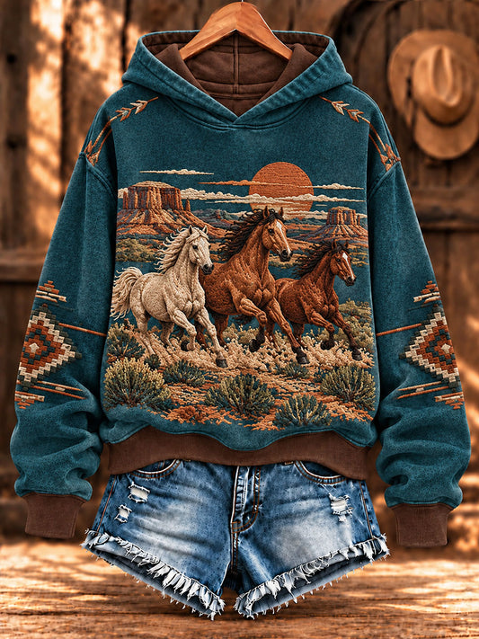 Women's Retro Western Horse Printed Regular Hoodie