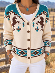 Women's Western Aztec Horse Print Casual Cardigan