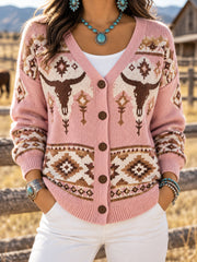 Women's Western Aztec Bull Skull Print Casual Cardigan