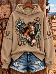 Women's Retro Western Horse Patchwork Print Casual Hoodie