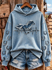 Women's Retro Western Horse Art Print Casual Hoodie