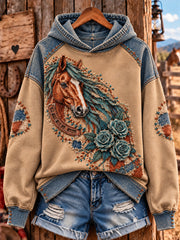 Women's Retro Western Horse Patchwork Print Casual Hoodie