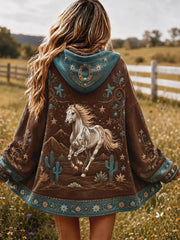 Women's Vintage Western Horse Print Casual Zip-Up Hoodie