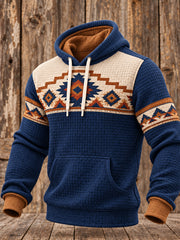Men's Vintage Western Art Printed Checkered Cotton Hoodie