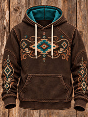 Men's Vintage Western Art Printed Oversized Drop-Shoulder Hoodie with Pockets